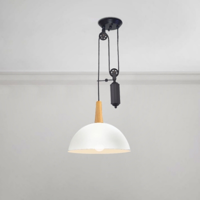 Wood Dome Shade Hanging Lamp Loft Style Suspension Light in White with Adjustable Pulley