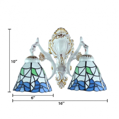 2-Light Wall Sconce in Tiffany Style with Blue Petal Glass Shade, 9.45