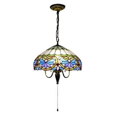 3 Bulb Dome Drop Light Victorian Tiffany Stained Glass Suspended Lamp in Multi Color
