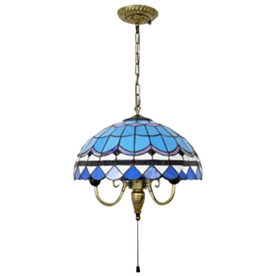 3 Light Dome Hanging Light Tiffany Mediterranean Style Glass Drop Light in Blue with Pull Chain