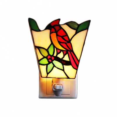 Tiffany Style Bird Design Wall Sconce Stained Glass Plug-in Night Light in Multicolor for Bedroom