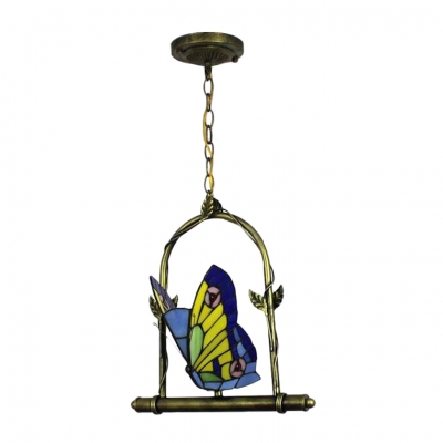 Navy Blue Butterfly Hanging Light Tiffany Style Stained Glass Single Bulb Pendant Light