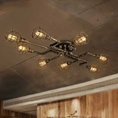 Antique Brass 8 Light Led Semi Flush Ceiling Light With Metal Cage