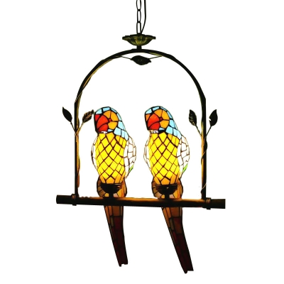 Arch Shelf Hanging Light Tiffany Country Style Stained Glass 2 Light Drop Light with 2 Parrot