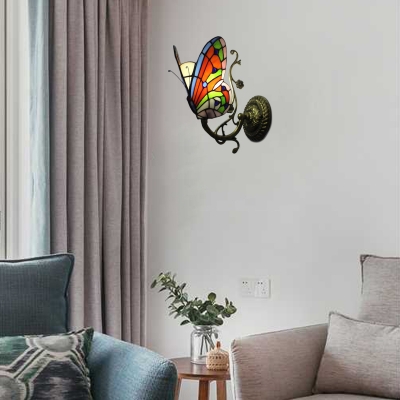 Butterfly Accent Wall Lamp Tiffany Style Wall Sconce Stained Glass in Antique Brass for Children Room