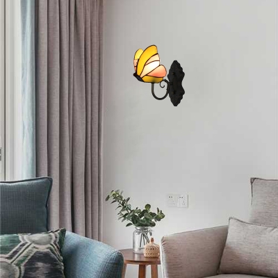 Butterfly Accent Wall Lamp Tiffany Style Wall Sconce Stained Glass in Blue/Yellow for Children Room