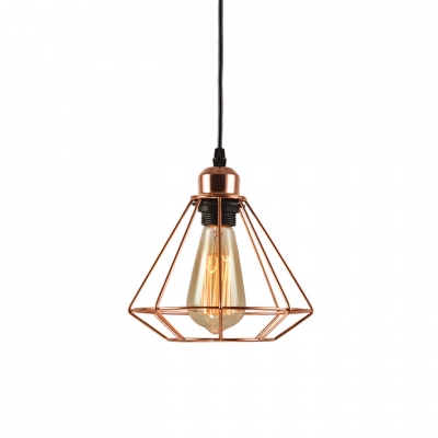 Diamond Shape Pendant Lamp Vintage Iron Single Bulb Hanging Light in Rose Gold with Metal Frame
