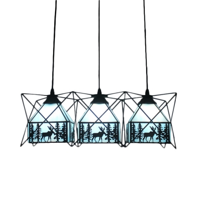 Elk Design Suspended Lamp Lodge Style Blue/White Glass Triple Heads Drop Light with Metal Frame