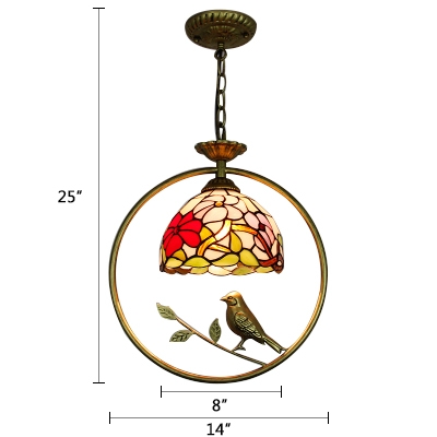 Floral Pendant Lamp with Bird Tiffany Stained Glass 1 Light Suspended Light in Multicolor