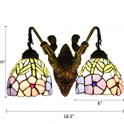 Floral Wall Light Sconce Tiffany Vintage Stained Glass 2 Bulbs Lighting Fixture for Bedroom