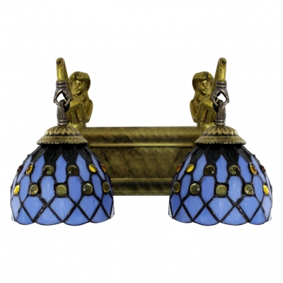 Jeweled Wall Light Sconce Tiffany Style Vintage Beige/Blue Glass Double Heads Wall Lamp