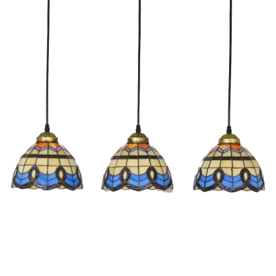 Multicolored Dome Hanging Light Vintage Baroque Stained Glass Accent Triple Drop Light