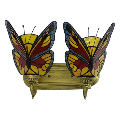 Scarlet Red Butterfly Lighting Fixture Tiffany Rustic Stained Glass 2 Heads Accent Wall Sconce