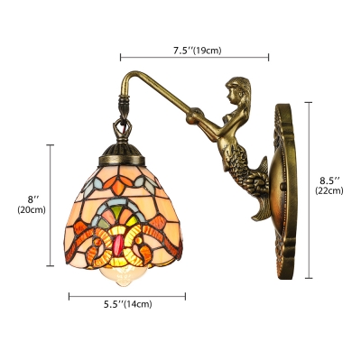 Single Light Tiffany Glass Shade Victorian Wall Sconce with Mermaid Lamp Arm