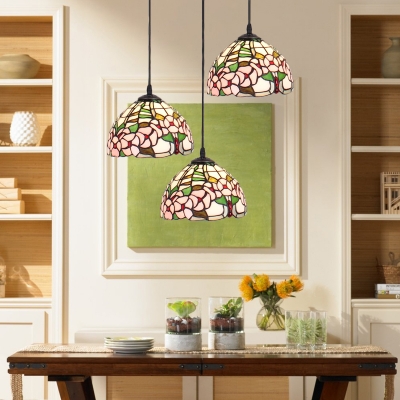 Stained Glass Floral Drop Light Tiffany Traditional 3 Lights Suspended Lamp in Multi Color