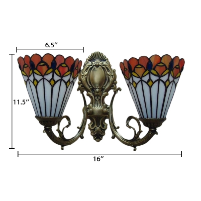 16-Inch Wide Tiffany Double Light Wall Lamp with Peacock Pattern Glass Shade