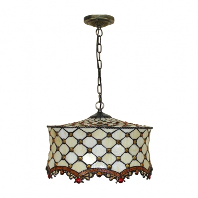 3 Head Cake Shade Pendant Light Tiffany Style Stained Glass Drop Light in Beige with Chain