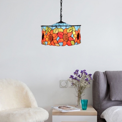 3 Light Sunflower Ceiling Pendant Light Tiffany Stained Glass Hanging Light in Multi Color