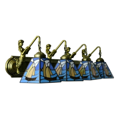4 Lights Sailboat Sconce Light Tiffany Nautical Stained Glass Wall Lamp in Blue for Hallway
