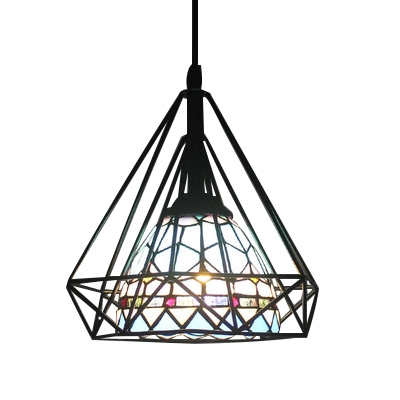 Blue Glass Diamond Cage Hanging Lamp Modern Mediterranean Style 1 Bulb Suspended Light