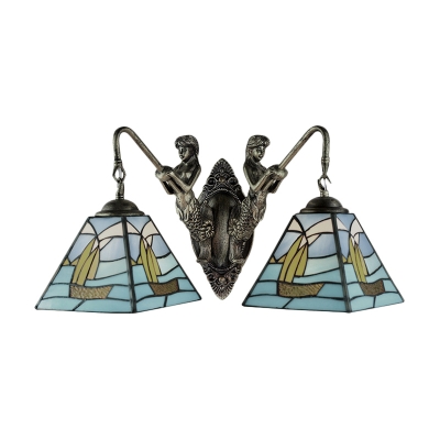 Classic Art Tiffany Mermaid Sailboat 2 Light Wall Lamp in Pyramid Shaped, 14-Inch Wide