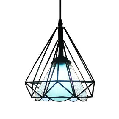 Diamond Cage Pendant Light Tiffany Style Blue/White Glass 1 Light Drop Ceiling Lighting