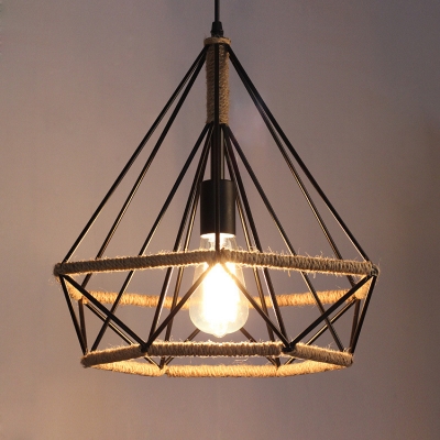 Diamond Shade Pendant Lamp Loft Style Rope Art Deco 1 Bulb Hanging Lamp for Hallway Foyer