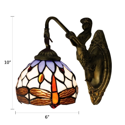 Downward Lighting 6 Inch Wide Tiffany Wall Sconce with Dragonfly Pattern Dome Shade