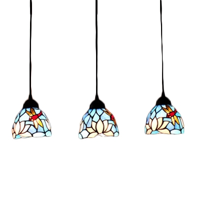 Dragonfly and Flower Drop Light Tiffany Style Stained Glass Triple Hanging Lamp in Blue/White