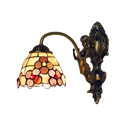 Floral Shelly Wall Sconce with Mermaid Tiffany Style Stained Glass Wall Lamp in Rubbed Bronze