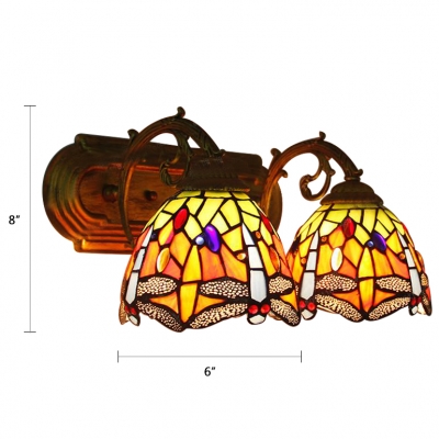 Multicolor Dragonfly Sconce Light Country Style Stained Glass Double Heads Wall Light