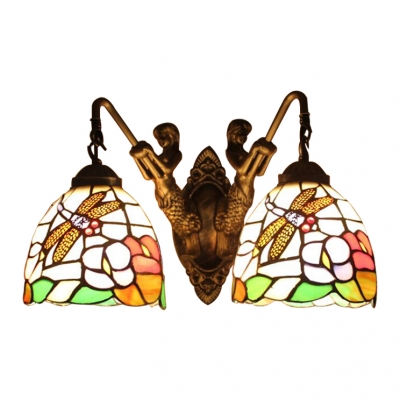 Multicolor Floral Wall Light Tiffany Retro Style Stained Glass 2 Bulbs Wall Sconce for Corridor