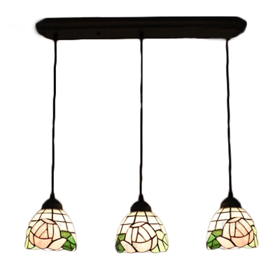 Pink Rose Suspended Light Tiffany Traditional Stained Glass 3 Lights Pendant Lamp for Bedroom