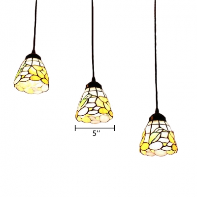Stained Glass Floral Pendant Light Tiffany Style 3 Heads Suspended Lamp in Black Finish
