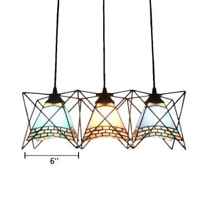 Triple Heads Metal Frame Pendant Lamp Vintage Stained Glass Suspended Lamp for Hallway
