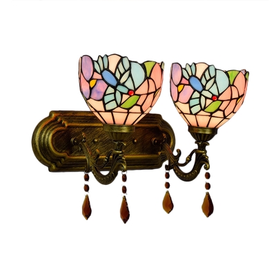16-Inch Vintage Stained Glass Tiffany Flower Wall Lamp with Crystal Pendant