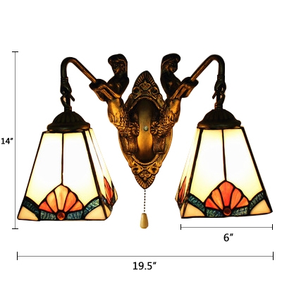 2 Head Geometric Wall Light with Mermaid Tiffany Stained Glass Wall Mount Fixture in White