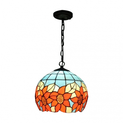 Flower Style Ball Hanging Light Tiffany Style Stained Glass 1 Bulb Drop Light in Multi Color