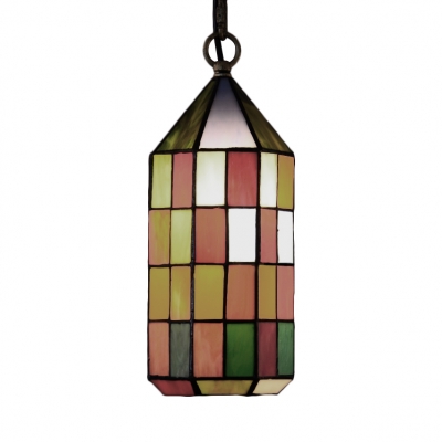 Checkered Pattern Hanging Lamp Tiffany Stained Glass 1 Light Drop Light in Multi Color