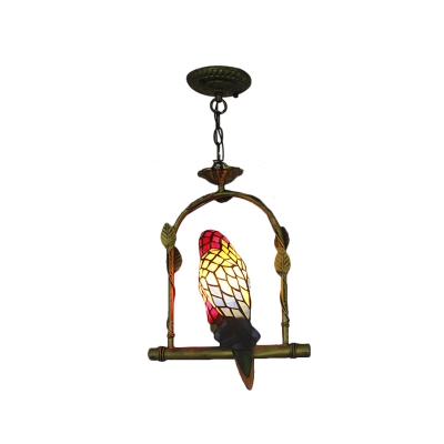 Parrot Shade Pendant Light Lodge Stained Glass 1 Bulb Decorative Drop Light in Red