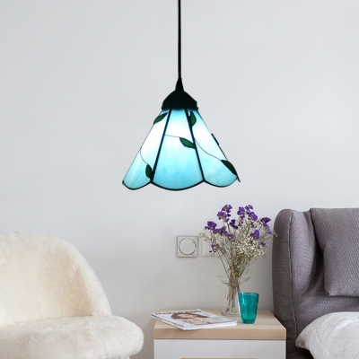 Beige/Blue Leaf Pendant Light Tiffany Style Glass 1 Light Suspension Light for Bedroom