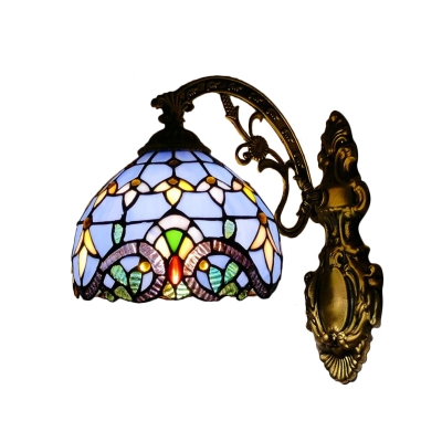 Beige/Blue Dome Wall Light Baroque Tiffany Style Stained Glass Wall Sconce for Bedroom