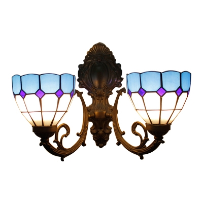 Bowl Wall Light Tiffany Mediterranean Style Stained Glass 2 Light Sconce Lighting in Blue