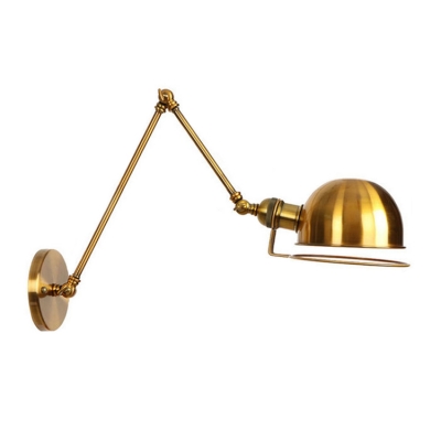 Dome Wall Light Fixture Retro Loft Style Steel 1 Bulb Wall Lamp in Brass with Swing Arm