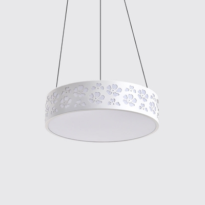 Etched Metal Drum Shade Ceiling Pendant Light White Finish LED Hanging Lamp for Office