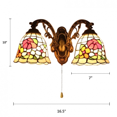 Flower Style Bell Wall Mount Fixture Traditional Stained Glass 2 Heads Pull Chain Wall Light