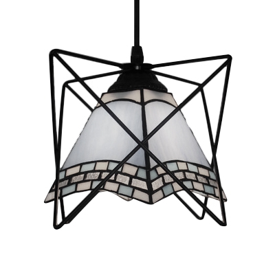 Geometric Shade Hanging Lamp Vintage Stained Glass Pendant Light in Blue with Iron Frame