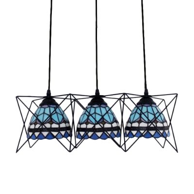 Metal Cage Ceiling Pendant Lamp Tiffany Mediterranean Style Stained Glass 3 Heads Hanging Lamp