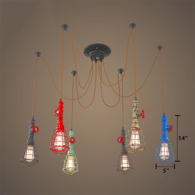 Multi Color 6 Light Pipe Pendant Light with Wire Guard Retro Wrought Iron Spider Chandelier for Restaurant Bar