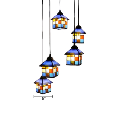 Multi Light Lodge Shaped Pendant Light Tiffany Style Stained Glass Hanging Light for Restaurant